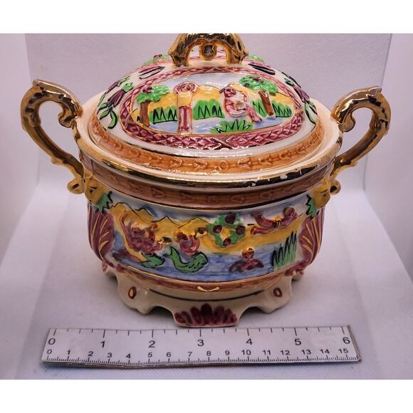 Bowl & Lid-Gold Trim-Japanese Inspired Summer Scenes-3D Embossed-Colorful-Footed - Picture 15 of 16